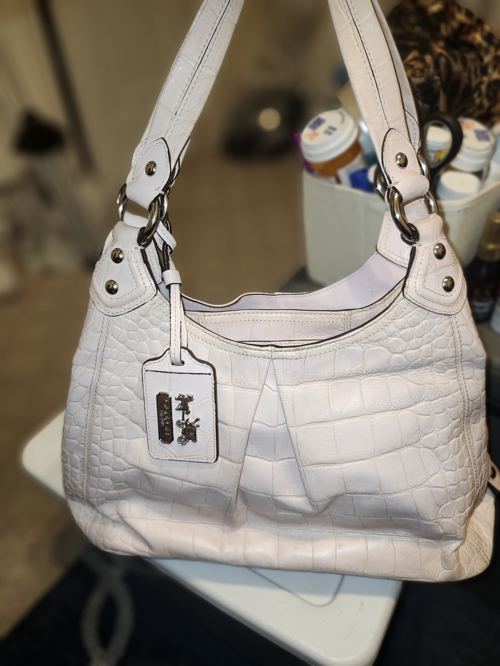 Vintage Coach Madison Pebbled Croc Embossed Leather Shoulder Bag in Light Pink
